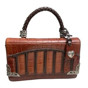 M.C. Mark Chantal Brown Crocodile Embossed Leather Handbag Hand Purse 5.5"Hx9"L